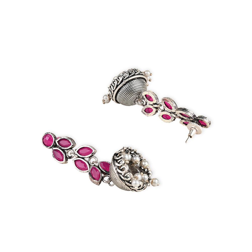 Etnico Silver Oxidised Traditional Kundan & Stone Studded Jhumka Earrings For Women (E2979ZQ)