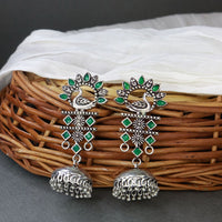 Etnico Silver Oxidised Traditional Kundan & Stone Studded Jhumka Earrings For Women (E2981ZG)