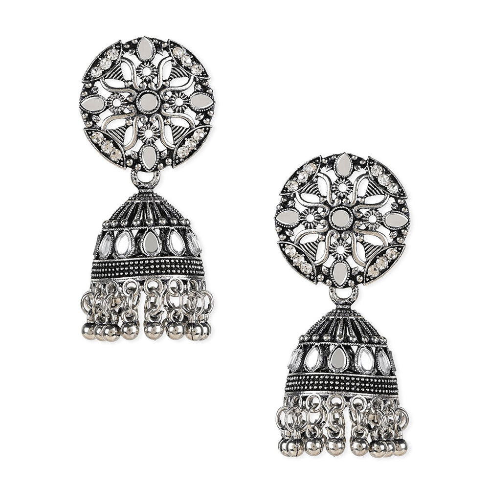 Etnico Silver Oxidised Traditional Kundan & Stone Studded Jhumka Earrings For Women (E3063OX)