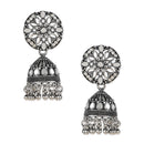Etnico Silver Oxidised Traditional Kundan & Stone Studded Jhumka Earrings For Women (E3063OX)
