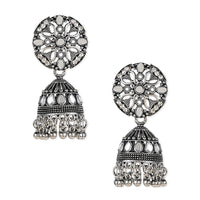 Etnico Silver Oxidised Traditional Kundan & Stone Studded Jhumka Earrings For Women (E3063OX)