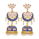 Mahi Blue Meenakari Work Enamelled Lotus Shaped Artificial Pearl and Crystal Dangle Jhumka Earrings for Women (ER1109711GBlu)