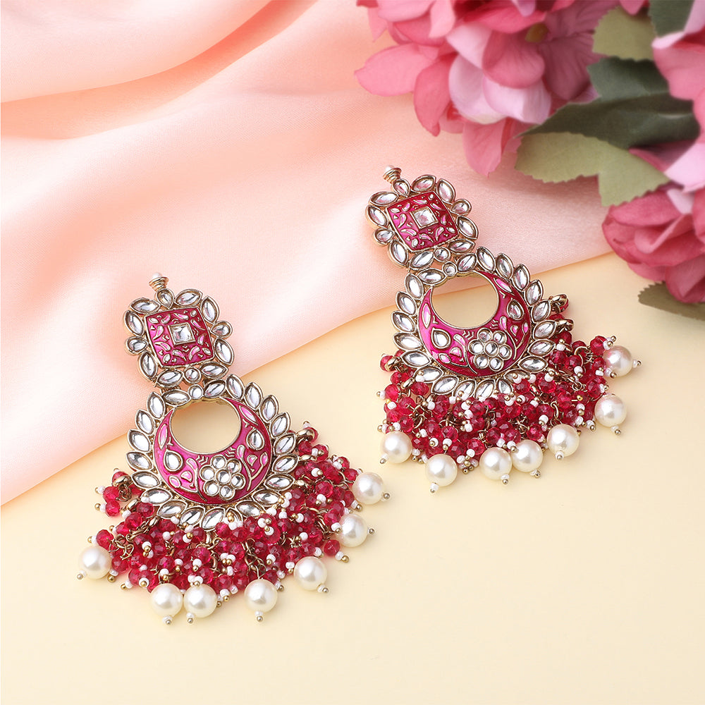 Mahi Maroon Meenakari Work Floral Chandbali Traditional Dangler Earrings with Crystals and Beads for Women (ER11098128GMrn)