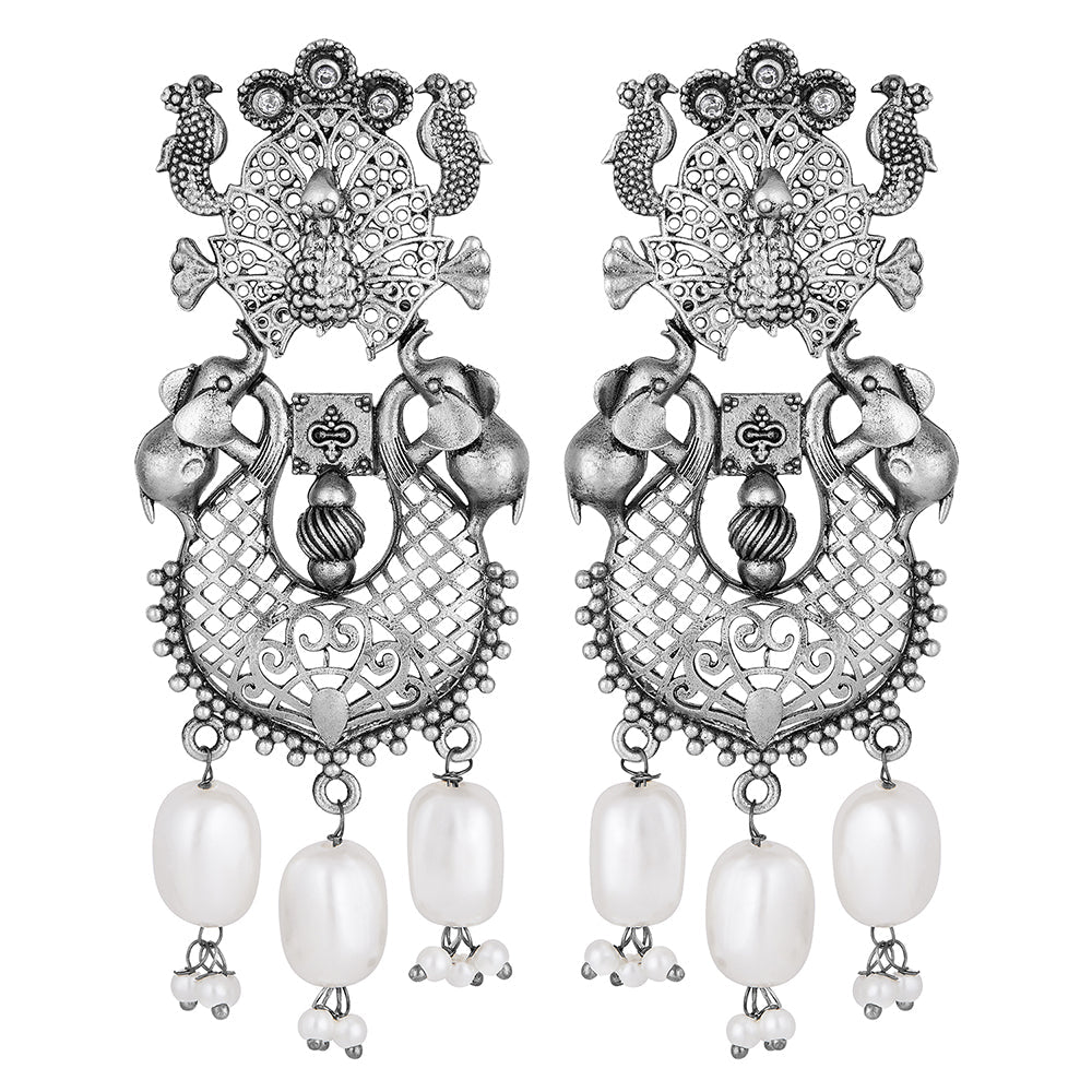 Mahi Silver Oxidised Finish Peacock Theme Dangle and Drop Traditiol Indian Earrings for Women (ER1109826R)