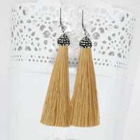 Jeweljunk Rhodium Plated Stone & Beige Thread Earrings - 1310932F