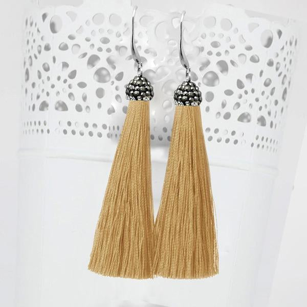 Jeweljunk Rhodium Plated Stone & Beige Thread Earrings - 1310932F