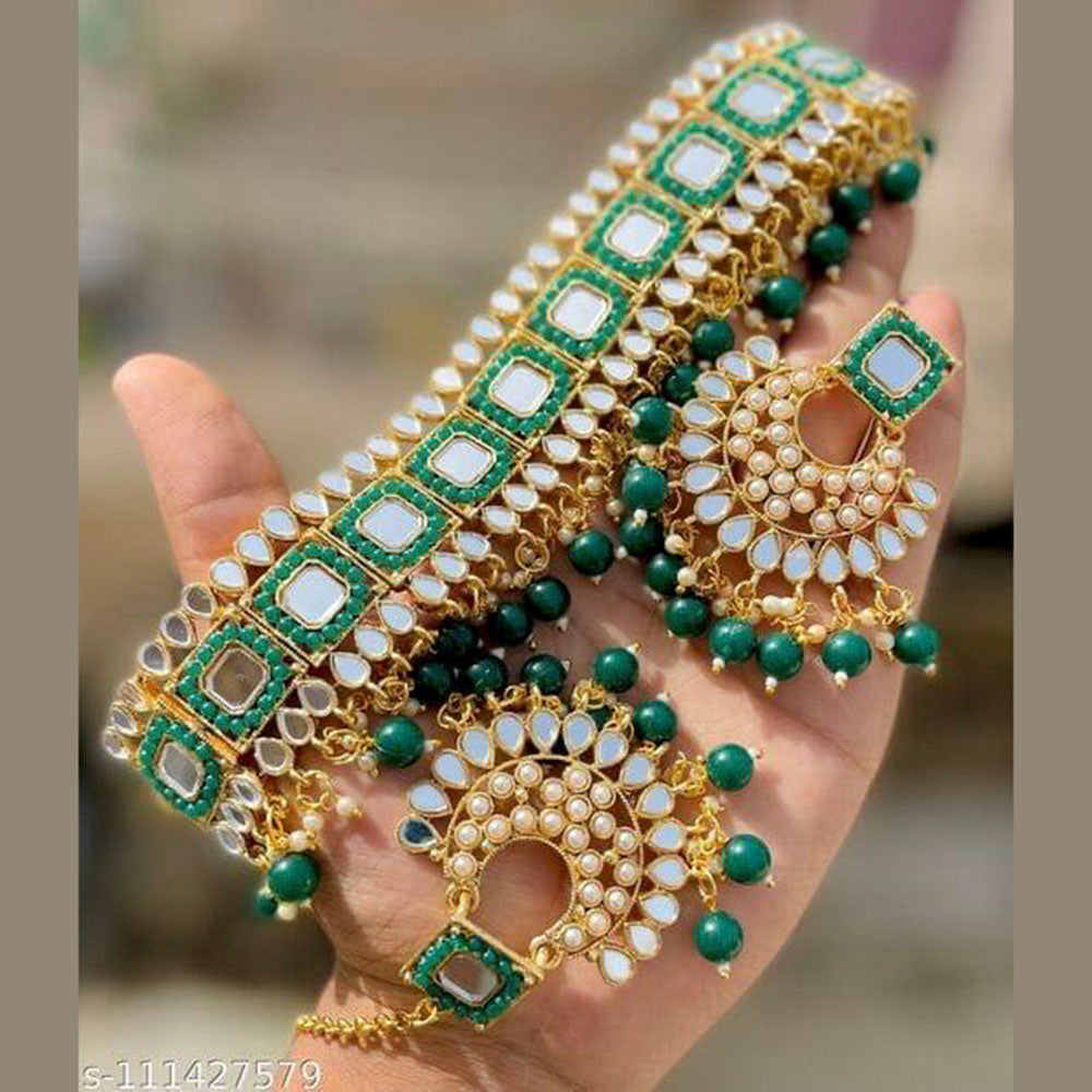 India Art Gold Plated Mirror Beads Choker Necklace Set With Maangtikka