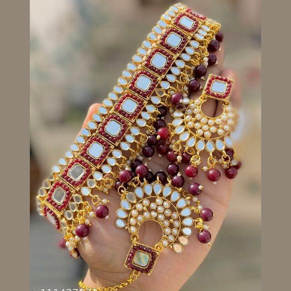 India Art Gold Plated Mirror Beads Choker Necklace Set With Maangtikka