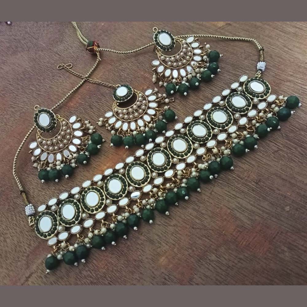 India Art Gold Plated Designer Mirror & Beads Necklace Set With Maangtikka