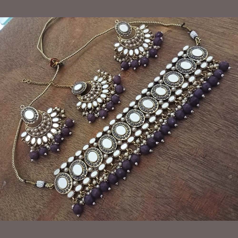 India Art Gold Plated Designer Mirror & Beads Necklace Set With Maangtikka