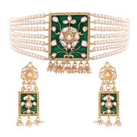Etnico 18K Gold Plated Traditional Pearl & Kundan Meenakari Multistrand Necklace Jewellery Set With Earrings For Women (K118G)
