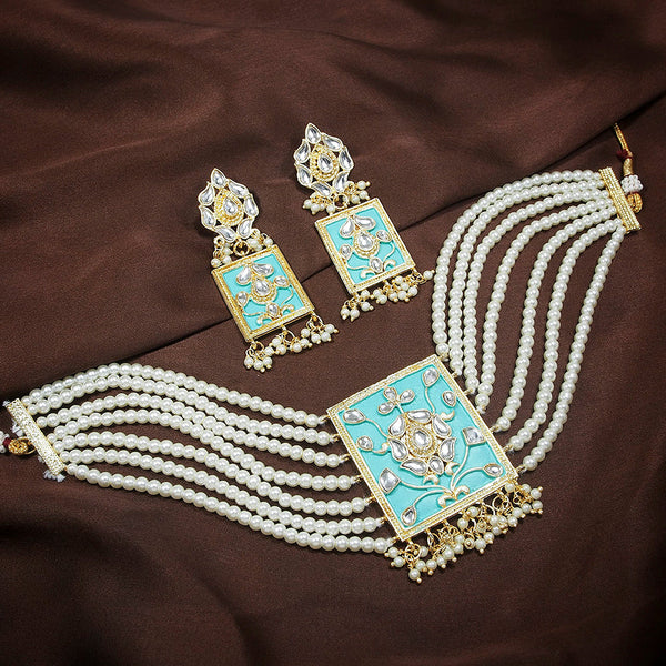 Etnico 18K Gold Plated Traditional Pearl & Kundan Meenakari Multistrand Necklace Jewellery Set With Earrings For Women (K118Sb)