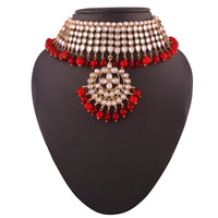 Etnico 18K Gold Plated Traditional Kundan & Pearl Studded Choker Necklace Jewellery Set with Earrings & Maang Tikka For Women (K7058R)