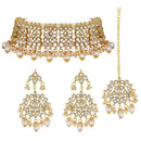 Etnico Gold Plated Traditional Kundan & Pearl Studded Choker Necklace Jewellery Set with Earrings & Maang Tikka For Women (K7069W)
