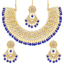 Etnico 18K Gold Plated Traditional Handcrafted Faux Kundan & Pearl Studded Bridal Choker Necklace Jewellery Set with Earrings & Maang Tikka (K7076Bl)