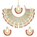 Etnico 18K Gold Plated Traditional Handcrafted Faux Kundan & Pearl Studded Bridal Choker Necklace Jewellery Set with Earrings & Maang Tikka (K7077M)
