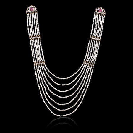 Silver Mountain 925 Silver Long Multi Layer gold plated Kundan & Pearl Necklace