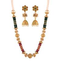 Etnico 18K Gold Plated Intricately Designed Traditional Long Emerald Green Multi String Brass Necklace Set With Earrings (MC032)