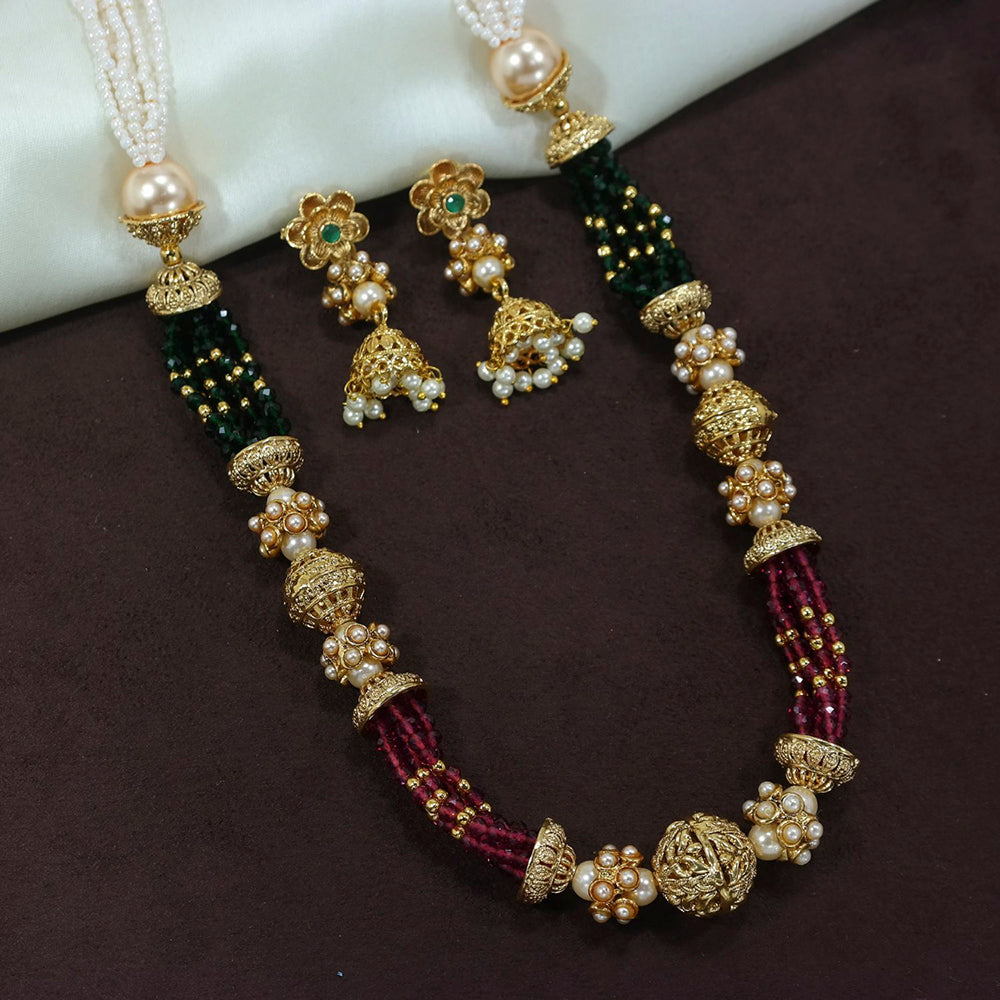 Etnico 18K Gold Plated Intricately Designed Traditional Long Emerald Green Multi String Brass Necklace Set With Earrings (MC032)