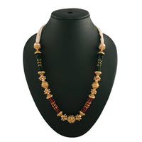 Etnico 18K Gold Plated Intricately Designed Traditional Long Emerald Green Multi String Brass Necklace Set With Earrings (MC032)