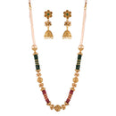 Etnico 18K Gold Plated Intricately Designed Traditional Long Emerald Green Multi String Brass Necklace Set With Earrings (MC032)