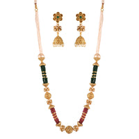 Etnico 18K Gold Plated Intricately Designed Traditional Long Emerald Green Multi String Brass Necklace Set With Earrings (MC032)