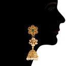Etnico 18K Gold Plated Intricately Designed Traditional Long Emerald Green Multi String Brass Necklace Set With Earrings (MC032)