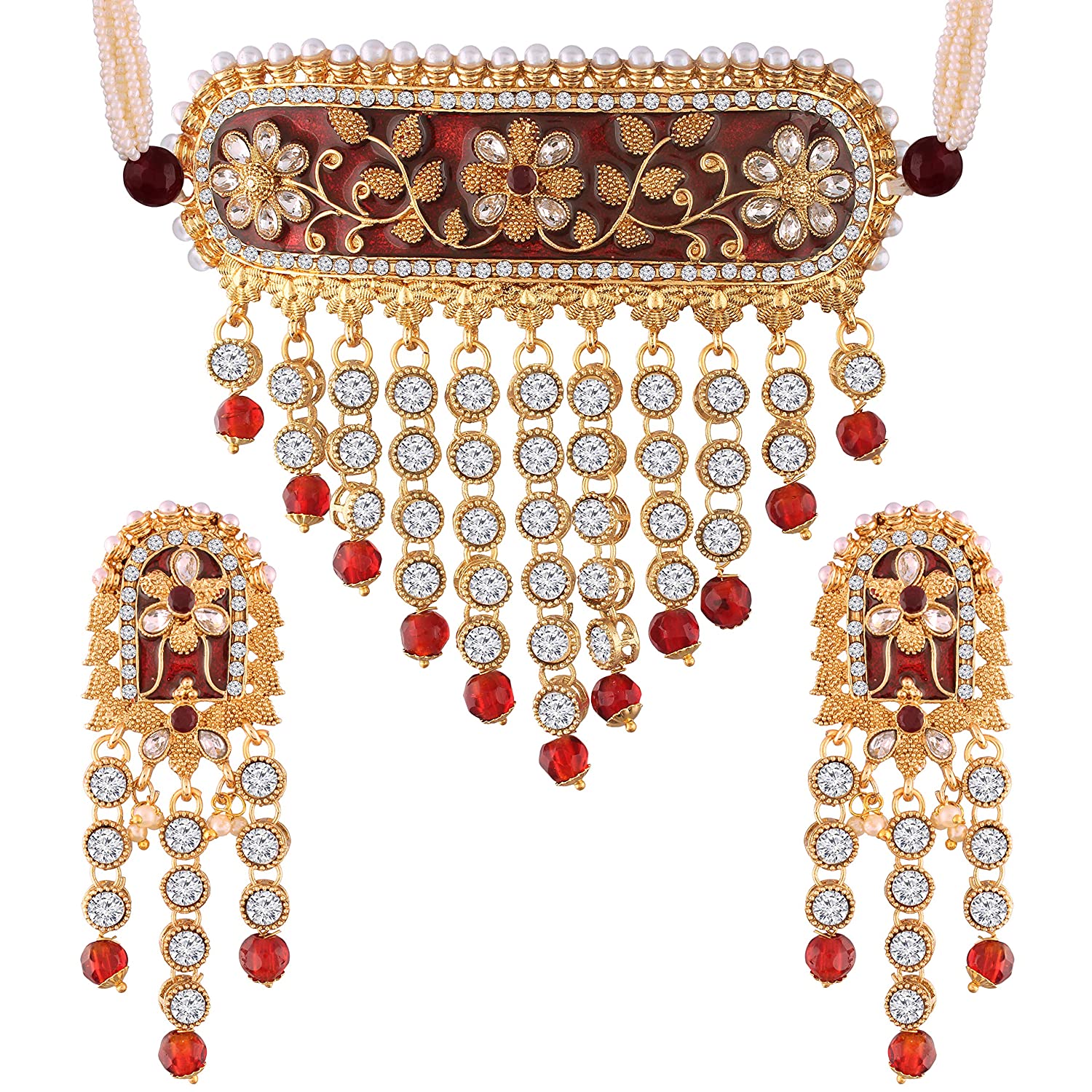 Etnico 18K Gold Plated Traditional Handcrafted Enamel/Meena Work Teeming Waterfall Of Stone Studded Choker Necklace Jewellery Set For Women/Girls (ML123M)