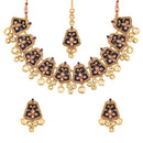 Etnico 18K Gold Plated Kundan Studded Meenakari Bridal Choker Necklace Jewellery Set with Earrings & Maang Tikka for Women (ML134Bl)
