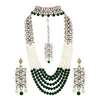 Etnico 18K Gold Plated Traditional 5 Layers Kundan & Pearl Beaded Moti Raani Haar Necklace Jewellery Set For Women (ML164GCO)