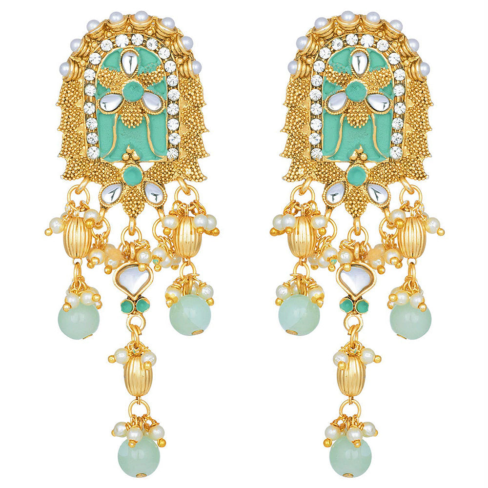 Etnico 18K Gold Plated Traditional Pearl Beaded Multi Strand Meena Work Long Necklace Jewellery Set & Earrings Set For Women (ML181Min)