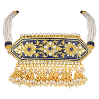 Etnico Traditional Gold Plated Kundan Pearl Meena Work Choker Jewellery set with Jhumkis For Women (ML185Bl)