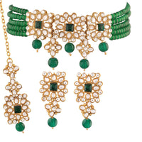 Etnico 18K Gold Plated Traditional Pearl & Kundan Studded Choker Necklace Jewellery Set with Earrings & Maang Tikka for Women (ML224G-1)