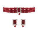 Etnico 18K Rhodium Plated Stone Studded Pearl Choker Necklace Jewellery Set With Earrings For Women (ML237Z) (Silver + Maroon)