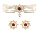 Etnico 18K Gold Plated Traditional CZ Crystal with Pearl Choker Necklace Jewellery Set for Women/Girls (ML261Q)