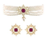 Etnico 18K Gold Plated Traditional CZ Crystal with Pearl Choker Necklace Jewellery Set for Women/Girls (ML261Q)