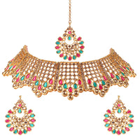 Neetu Art Gold Plated Austrian Stone Red & GreenChoker Necklace Set With Maangtikka