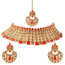 Neetu Art Gold Plated Austrian Stone Red Choker Necklace Set With Maangtikka