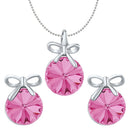 Mahi Valentine Gift with Rose Pink Swarovski Crystals Rhodium Plated Bow Pendant Set for Women