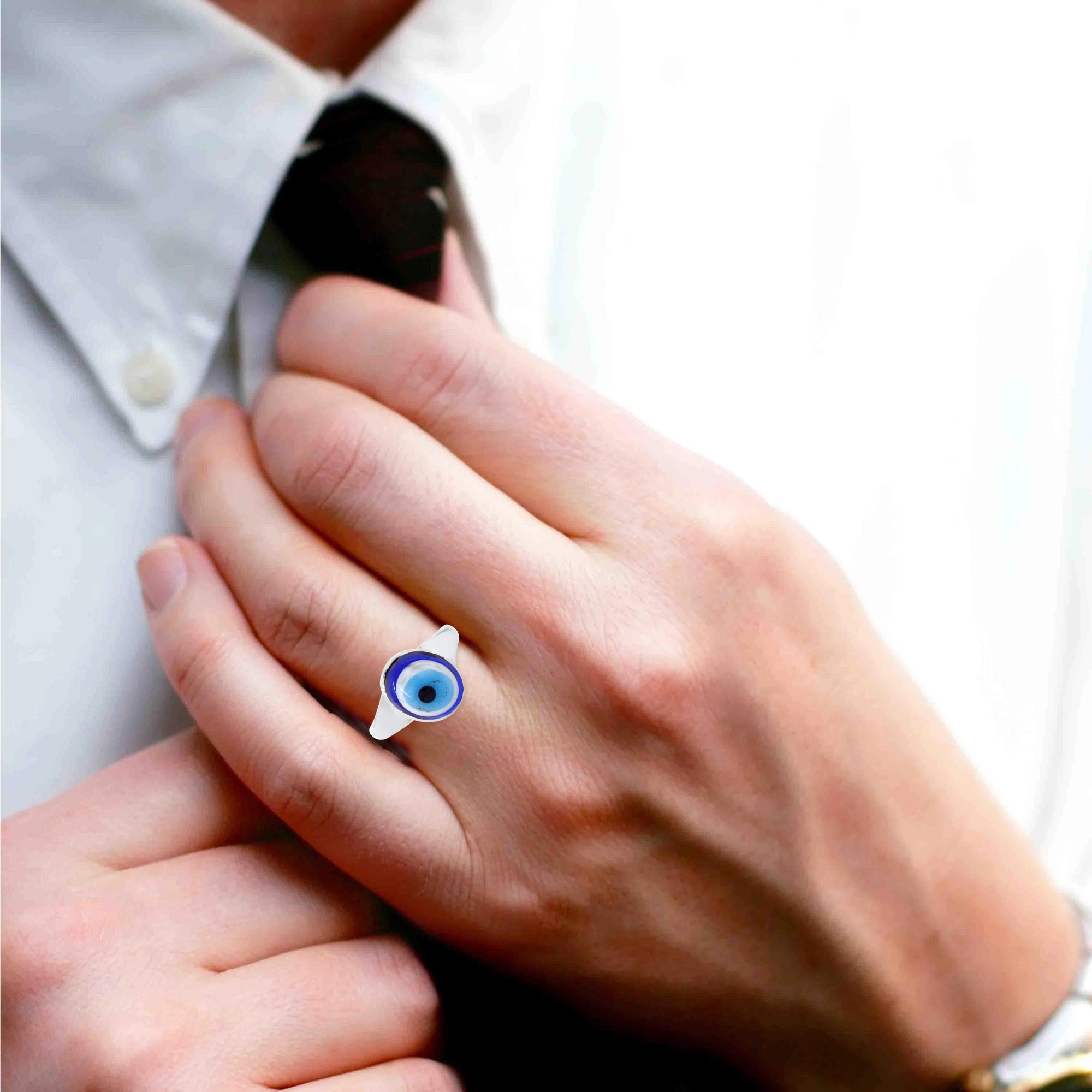 Missmister Brass Silver Plated Nazar-Battu Evil Eye Finger Ring Fashion Jewellery Men Women (Orrm6646)