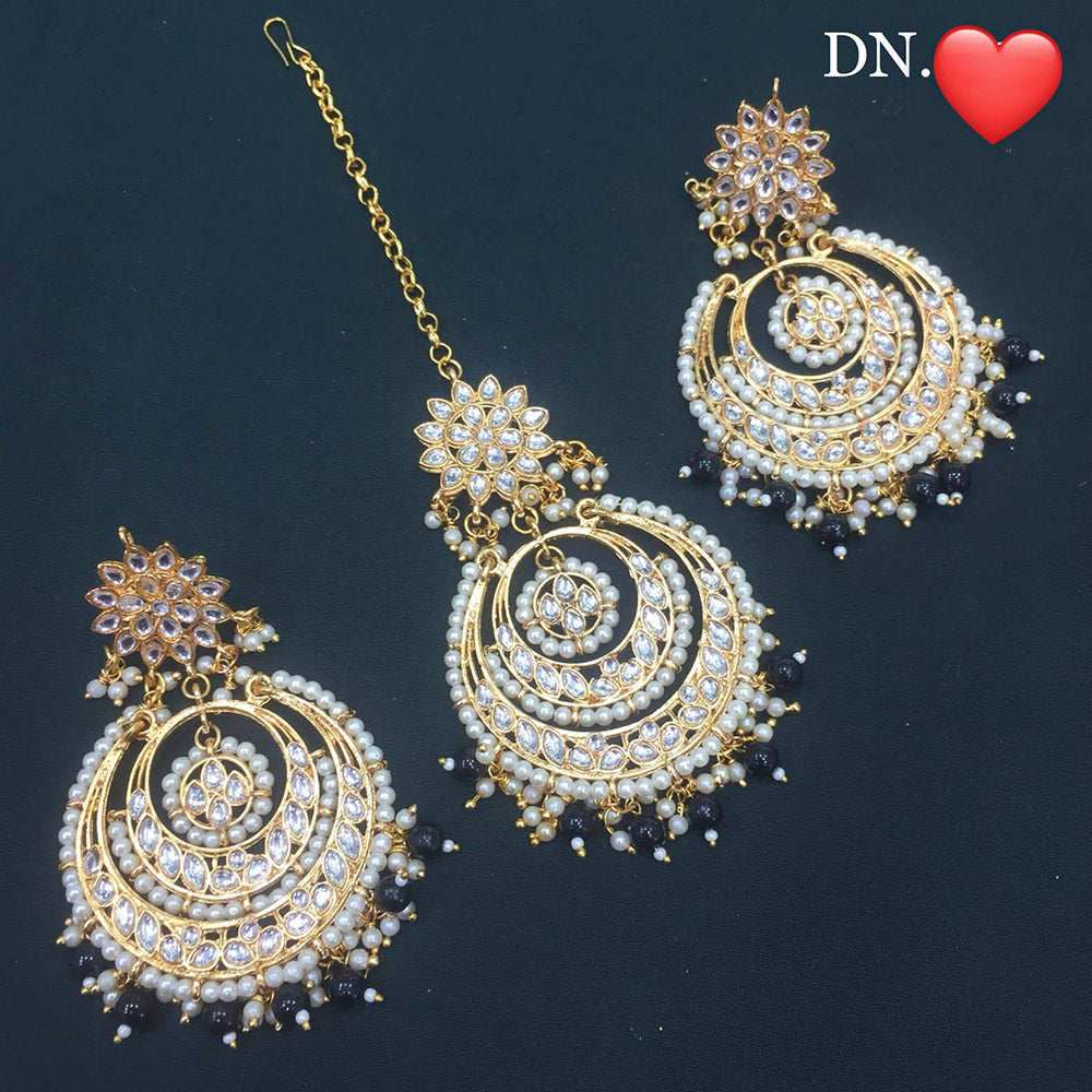 Pooja Bangles Kundan Stone & Beads Dangler Earrings With Maang Tikka
