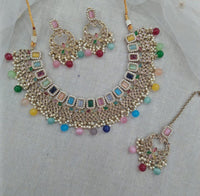 Pooja Bangles Gold Plated Austrian Stone Beads Necklace Set With Maangtikka