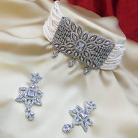 Pooja Bangles Silver Plated American Diamond Pearl Choker Necklace Set