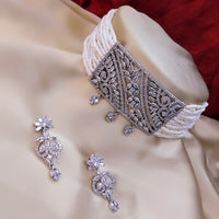 Pooja Bangles Silver Plated American Diamond Pearl Choker Necklace Set