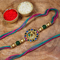 Etnico Gold Plated Ethnic Peacock Design Beads Kundan Rakhi Bracelet with Roli Chawal for Brother/Men (R047-2) (Pack of 2 Pcs)