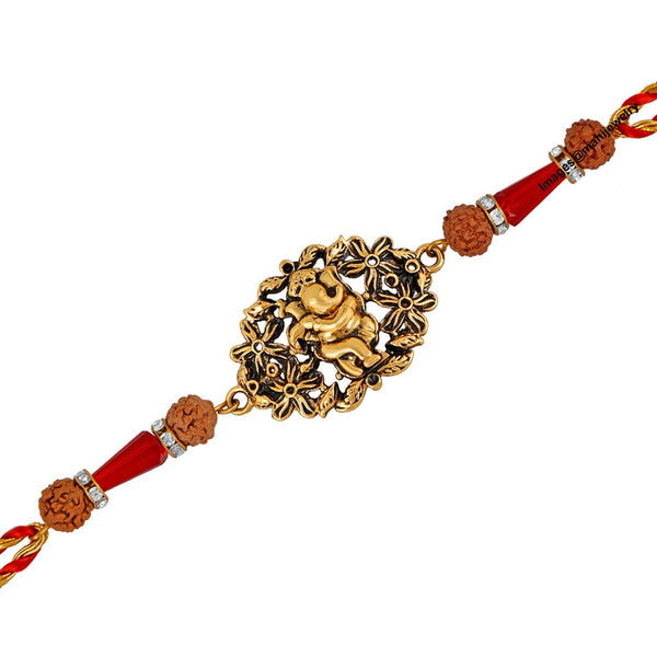Mahi Oxidised Gold Plated Lord Ganesha Rudraksh Rakhi Bracelet for Adorable Brother/Bhaiya RA1100621G