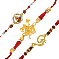 Mahi Combo of 3 Spiritual Hanuman, Ganesha and Om Rakhi Combo with rudraksha and Crystal for Beloved Brother (Bracelet) RCO1104772G