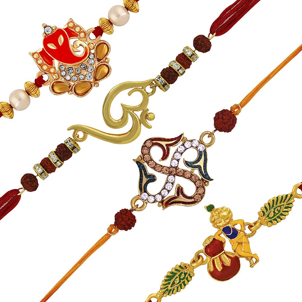 Mahi Combo of Om Ganesha Krishana and Swastik Rakhis with Rudraksha and Crystals for Adorable Brothers (RCO1105239M)