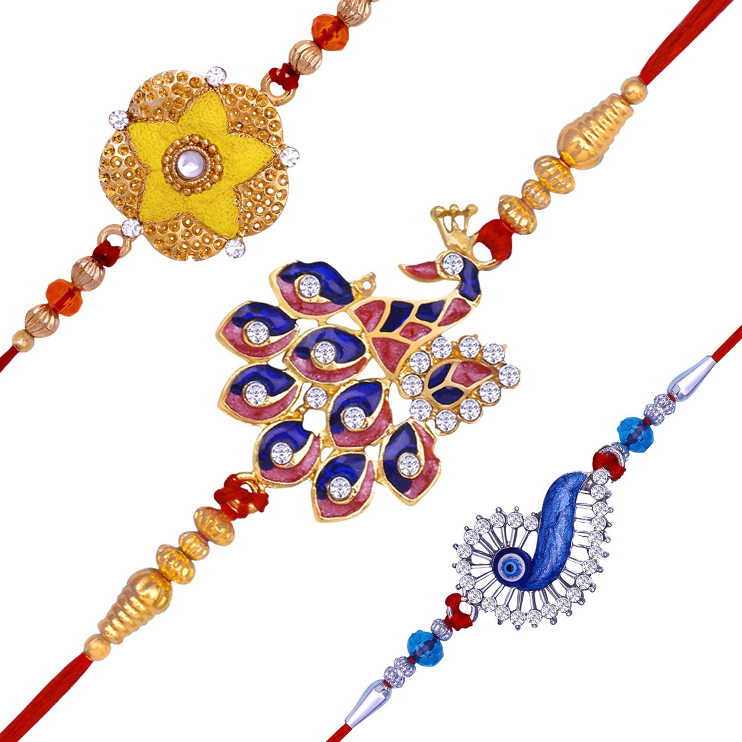 Mahi Combo of Floral, Evil Eye and Peacock Shaped Rakhi's with Meenakari Work and Crystals for Brother's (RCO1105535M)