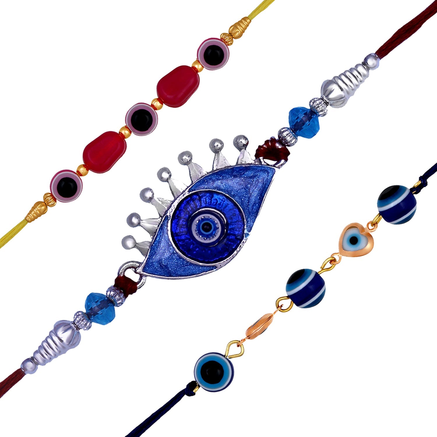 Mahi Combo of 3 Meenakari Work Evil Eye Nazariya Rakhis with Blue and Pink Crystals for Bhaiya (RCO1105538M)